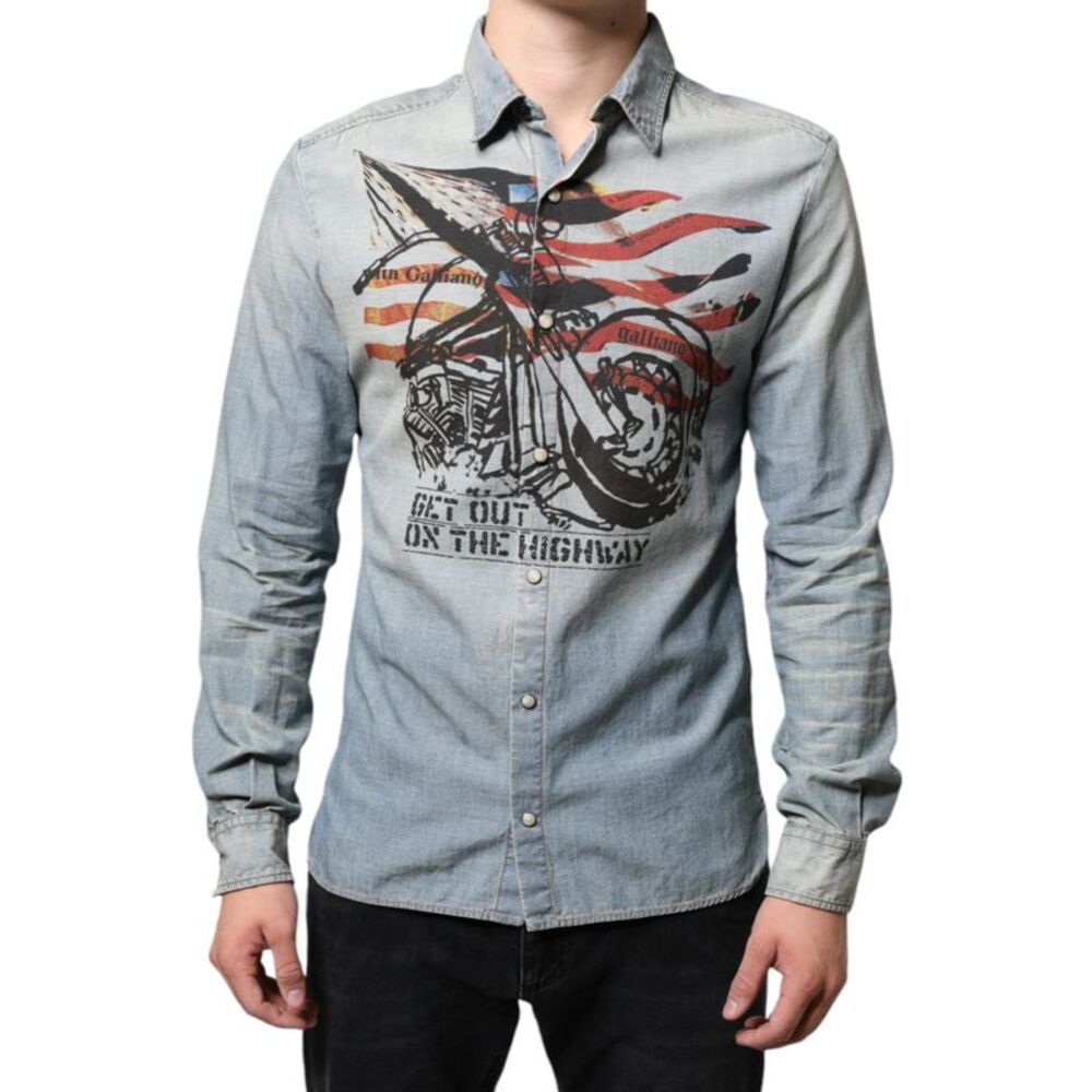 John Galliano Light Blue Printed Cotton Denim Long Sleeves Men's Shirt